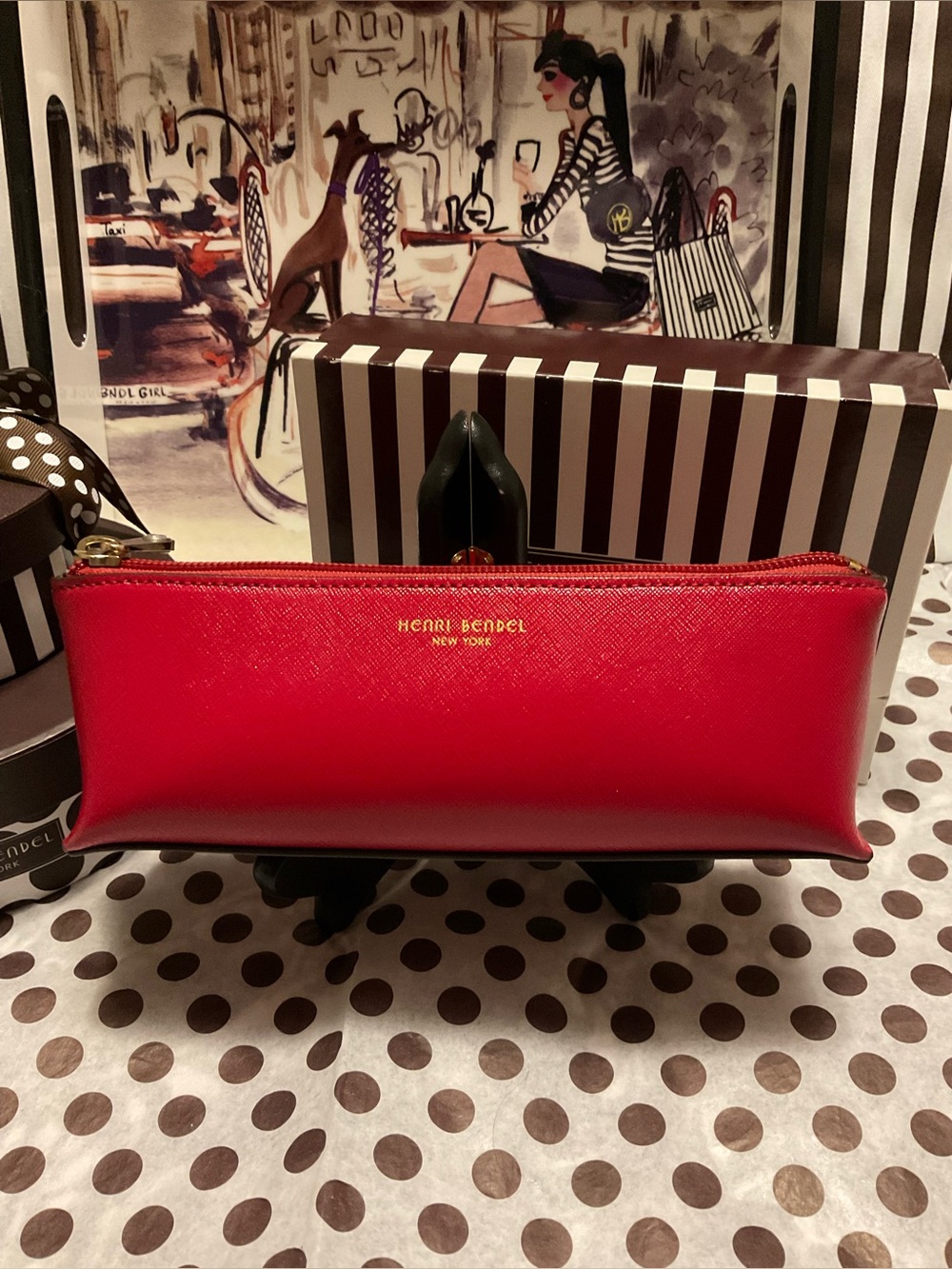 EUC Red Henri Bendel Slim Cosmetics Case - Gold Tone Hardware